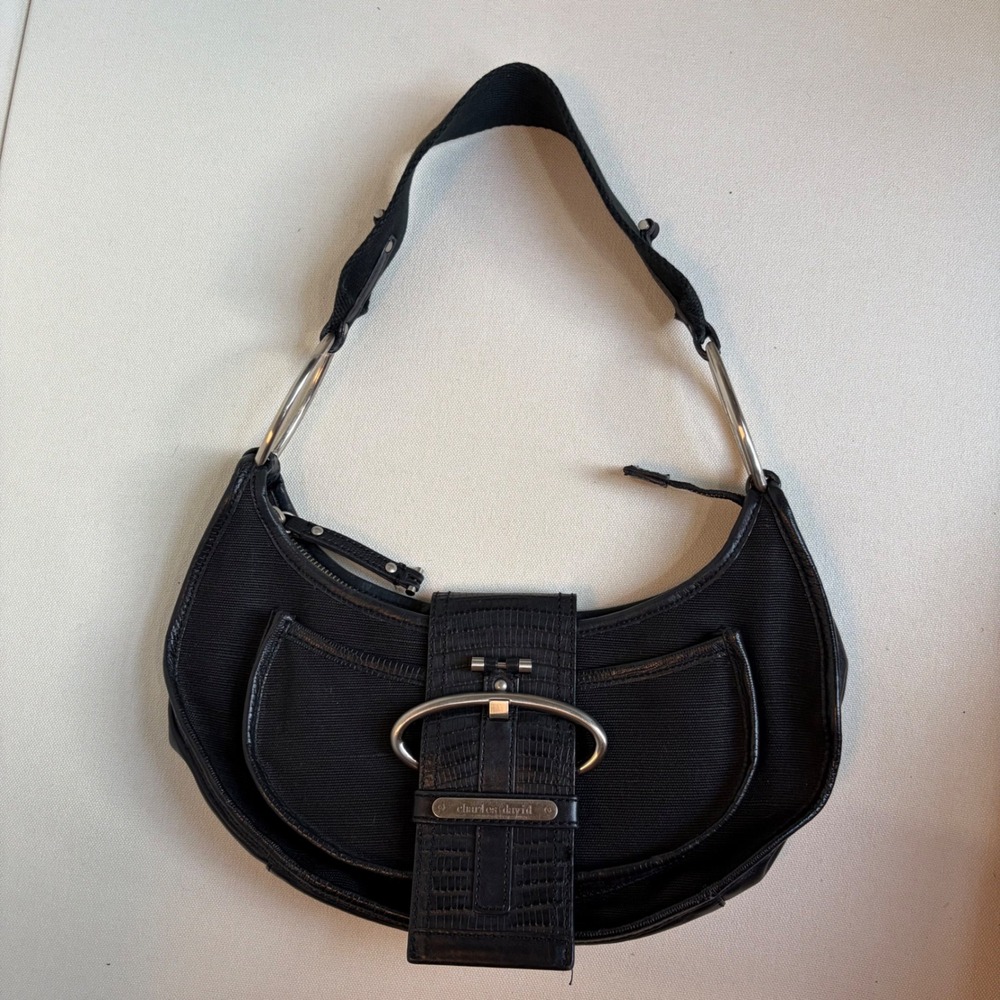 Charles David Shoulder Bag Black Canvas Leather Buckle Hobo Y2K Vintage Small